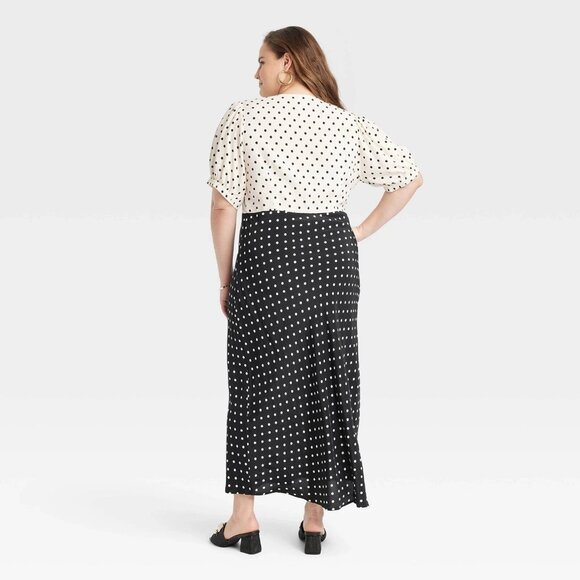 Small - Womens Crepe Puff Short Sleeve Midi Dress - A New Day - Polka Dots - Picture 6 of 9